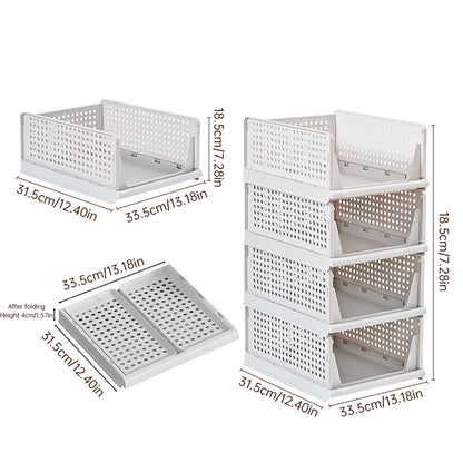 4 Pack Plastic Closet Organizer Bins, Stackable Foldable Storage Baskets with Slide-Out Rails for Clothes, Toys, T-Shirts
