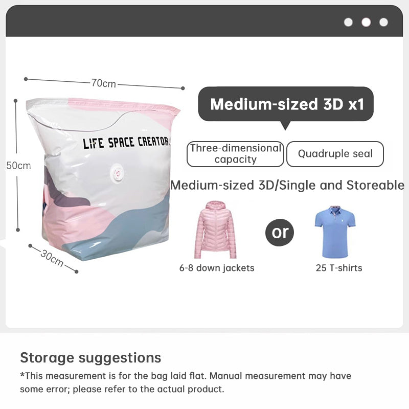 Pump-Free 3D Vacuum Bags, 3-Sec Compression, Reusable
